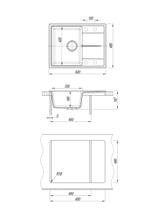 Мойка "Оливия" 620*480*180мм графит, б/сифона