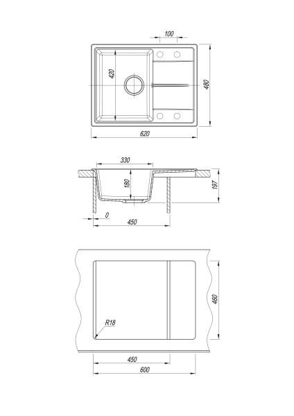 Мойка "Оливия" 620*480*180мм везувий, б/сифона