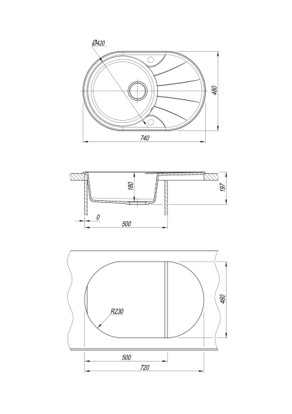 Мойка "Виола" 740*480*180мм базальт, б/сифона