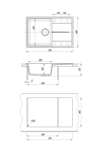 Мойка "Оливия" 740*480*180мм базальт, б/сифона
