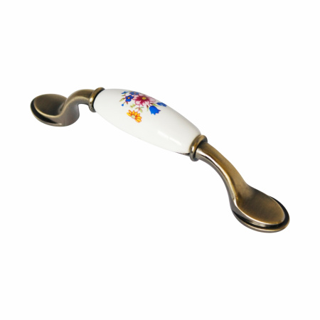 Ручка-скоба 210-096, латунь патина глянец/розовый цветок RIFF