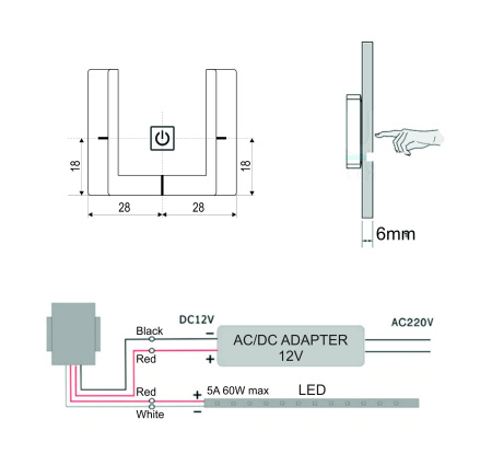 Сенсорный выключатель за зеркало диммируемый Sonnig 12В/36Вт макс./3А
